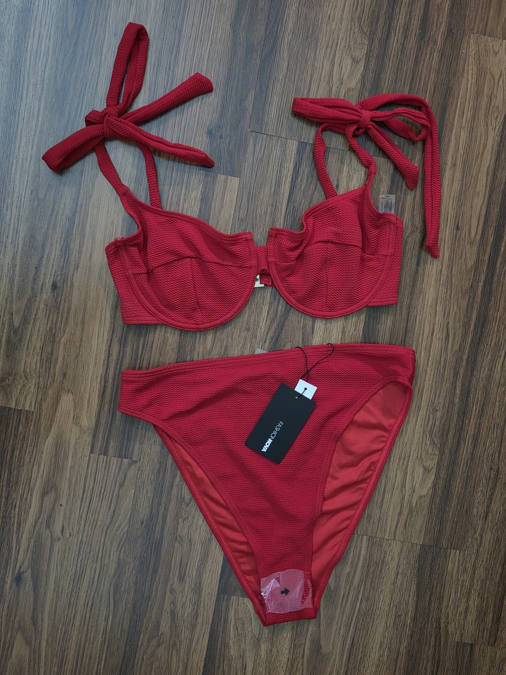 Fashion Nova Red Textured Tie-Shoulder Bikini Set